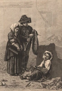 Eugen Feyen The Broken Violin Street Musicians Young Girl Crying 1868 Print - Picture 1 of 2