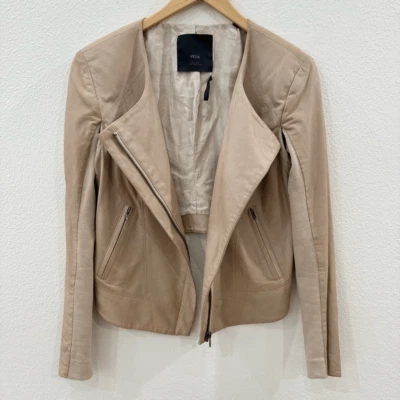 Veda Women's Medium Cream Tan Silk Genuine Leather Hi Low Hem Moto Jacket Coat - Image 1 of 4