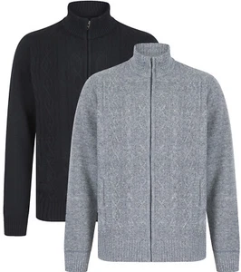 Mens Cable Knit Cardigan Jacket Zip Up Fleece Lined Warm Winter Premium M-XXL - Picture 1 of 7