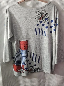 Et' Lois Art To Wear rote Katze in einem gestreiften blaugrauen "Kunstszene" S/Med Größe 3/4... - Bild 1 von 8