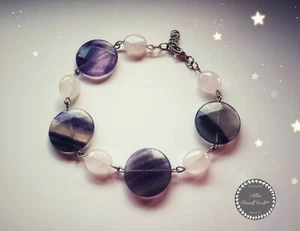 Bracciale donna pietre piatte ametista e pietre rosa chiusura acciaio - Foto 1 di 1