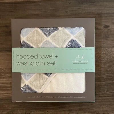 Nuevo En Caja Aden + Anais Baby Juego de Toalla y Paño con Capucha Diseño Azul Gris Foto 1 de 2