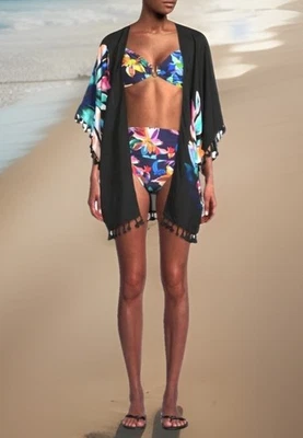 La Blanca Prism Palm Tassel Trim Kimono Swimsuit Cover Up One Size Resort Summer - Image 1 of 4