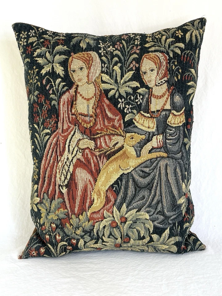 Vintage French Tapestry Pillow Featuring Medieval Women and Deer - Image 1 of 4