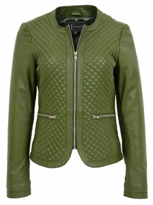 Womens Green Leather Quilted Jacket Motorcycle 100% Genuine Lambskin S M L XL-32 - Picture 1 of 7