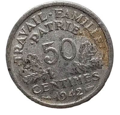 1942 France  50 Centimes Vichy French State - Heavy Type-WWII - Image 1 of 2