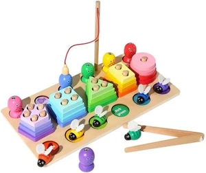 Giocattolo in Legno 3 in 1 Gioco di Pesca Magnetico Forma Ordinamento Cattura Ape Giocattoli Educativi - Foto 1 di 12