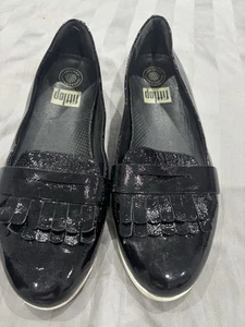Fitflop Super Comff Black Patent Fringed Loafer Slip On Shoes, UK 6.5 Size - Picture 1 of 9