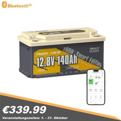 POWERQUEEN Batteria al litio 12V 140Ah LiFePO4 H190 Bluetooth con bassa temperatura 4000+ cicli di ricarica