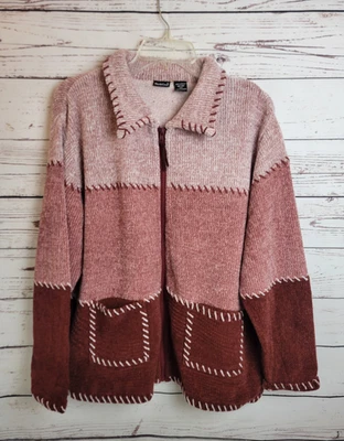 Cárdigan Suéter Northcrest Rosa Rojo Bloque de Color Terciopelo Cremallera Frontal Para Mujer Talla 2X Foto 1 de 4