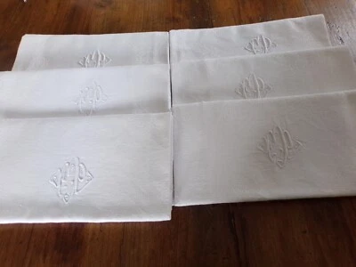 6 Serviettes en Lin   Damassé Monogramme "  F P    " - Photo 1/4