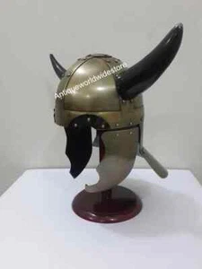 VIKING HORNED HELMET MEDIEVAL REGENCY HELMET WARRIOR BRASS FINISH WITH STAND - Picture 1 of 3