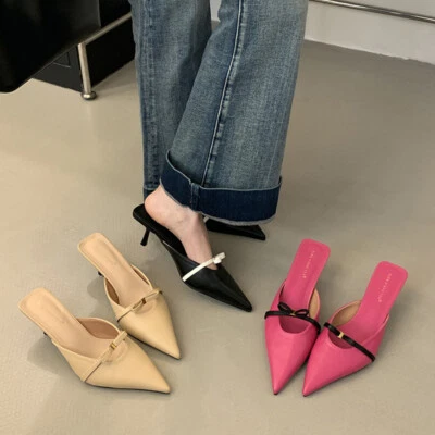 Nuevas pantuflas coreanas primavera 4 cm tacón alto tacón fino dedos puntiagudos de moda para mujer Foto 1 de 4