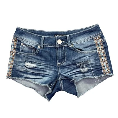 Pantalones Cortos Denim EMPYRE Desgastados Azteca Acentos Dobladillo Crudo Azul Talla 3 Se Ajusta 28" Grunge Foto 1 de 4