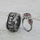 Synthetic Red Garnet Floral Skull Engagement Ring Anchor Wedding Band Set Couple