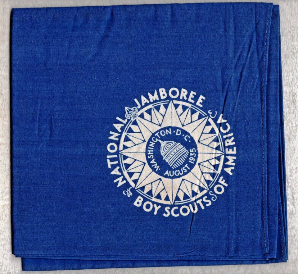 W3 26 oa bsa scouts 1935 NATIONAL JAMBOREE BLUE YOUTH NECKERCHIEF - FULL SQUARE - Image 1 of 1
