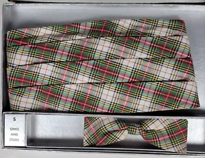Vintage Cummerbund & Clip Bow Tie Set Green/Red Plaid Small 30-34 Inches - Picture 1 of 4