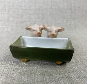 ANTIQUE German 2 Pigs Figurine Dish Toothpicks Salt Fairing Pink Green Unmarked - Picture 1 of 9