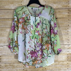 Jennifer Lopez Sheer Chiffon Blouse Top Tropical Floral 3/4 Dolman Sleeve Size L - Picture 1 of 6