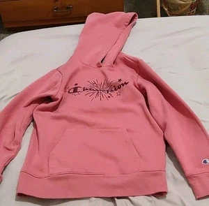 Champion Girls Pink Hoodie XL (16) Glitter Fireworks Logo Pullover Sweatshirt - Picture 1 of 4