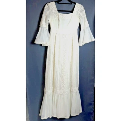 Vtg Victorian Lace Ruffle Hem Flare Sleeve Wedding Dress Small White Cottagecore - Image 1 of 4