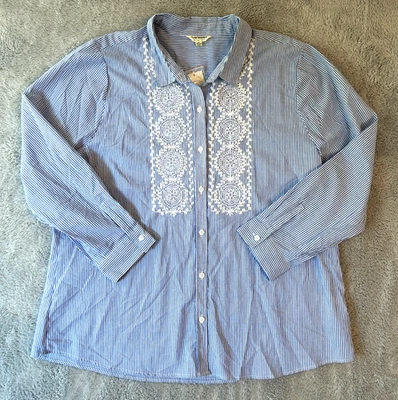 Blusa Tanrums Talla XXL Azul Rayas Bordado Encaje Clásica Preppy Túnica Top Nueva con Etiquetas Foto 1 de 4