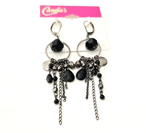 Candie's Gunmetal Black Beaded Fringe Hoop Lever-back Earrings 3.5" NWT - Picture 1 of 4