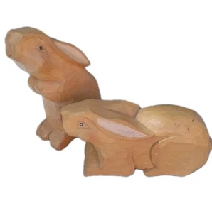 Vintage Wooden Bunny Rabbits Hand Carved Cottagecore Whimsical Shelf Sitters - Picture 1 of 13