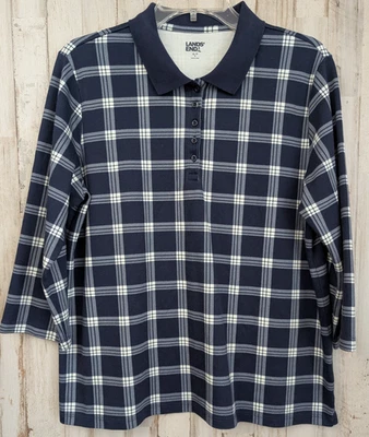 Polo Lands End Mujer XL/P Azul Cuello a Cuadros Manga 3/4 Preppy Informal Foto 1 de 4