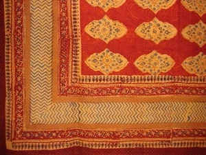 Kensington Block Print Cotton tablecloth 90" x 60" Red Orange - Picture 1 of 2