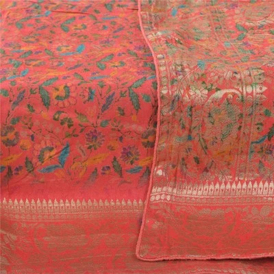 Sanskriti Vintage Salmon Dupatta Long Stole Blend Silk Hand Woven Printed Hijab  - Image 1 of 4