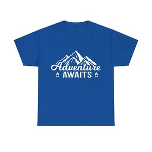 Adventure Awaits Nature Mountains Camping Hiking Unisex Heavy Cotton Tee - Picture 1 of 41