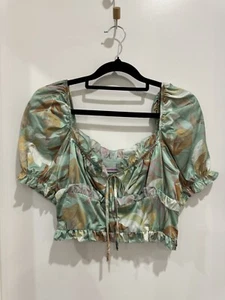 Hansen & Gretel Silk Freya Blue Hawaii Print Cropped Camisole Cap Sleeve Top Med - Picture 1 of 4