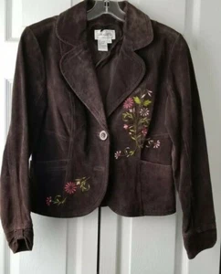 Live A Little Suede Jacket Brown W/Floral Embroidery Hand Wash SzS - Picture 1 of 8