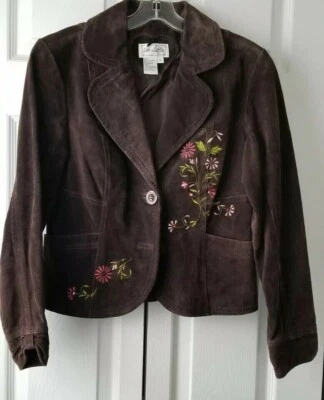 Chaqueta de gamuza Live A Little marrón con bordado floral lavado a mano talla S Foto 1 de 4