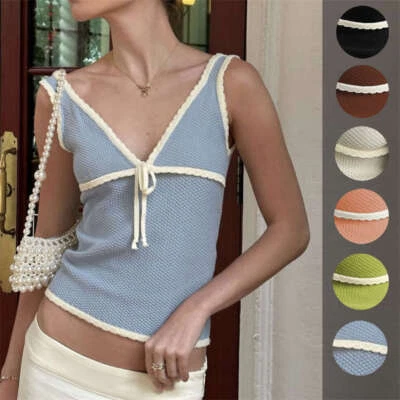 Women's Clothes Slim Vest Bow Lace Sexy Deep V Sleeveless Pullover Vest Fashion - Image 1 of 4