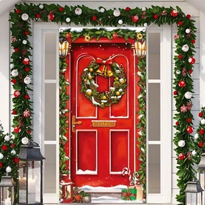 Christmas Door Cover Decoration Merry Christmas Red Door Cover Backdrop Xmas - Picture 1 of 7