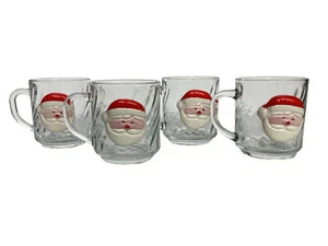 Arcoroc Santa Mugs Clear Glass Swirl Applied Ceramic Santa Set 4 Vintage Rare - Picture 1 of 21