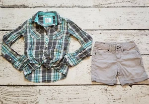 JUSTICE 10 Slim Girls Gray Blue Plaid Top & Gray Denim Shorts 10 Slim - EUC - Picture 1 of 4