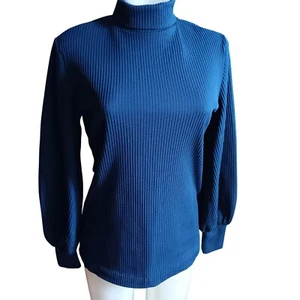 Medium True Vintage Turtleneck Sweater Knit Blue Ribbed Back Zipper 1970s Mod - Picture 1 of 5