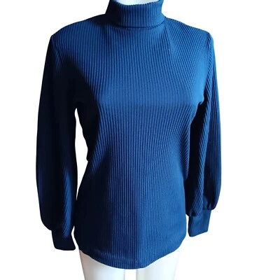 Medium True Vintage Turtleneck Sweater Knit Blue Ribbed Back Zipper 1970s Mod - Image 1 of 4