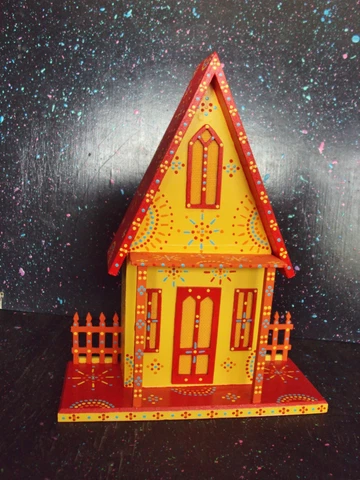 Hand Painted Wood House Display Decorative Red Yellow Circle Designs Dots Cover