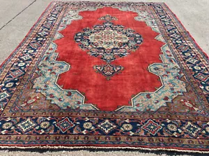 7x10 ANTIQUE RUG HAND-KNOTTED VINTAGE handmade oriental carpet red blue 6x9 8x10 - Picture 1 of 21