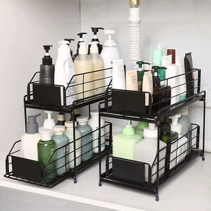 2 Tier Under Sink Cabinet Sliding Basket Organizer Drawer Storage Bathroom Shelf - Picture 1 of 16