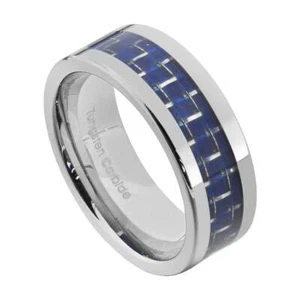 Wolframhartmetall 8 mm blau Kohlefaser Inlay flach glänzend Oberteil Männer Hochzeitsband - Bild 1 von 11