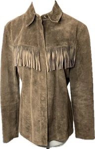 Chaqueta de cuero de gamuza para mujer talla S marrón flecos frente a presión forro sedoso Alfani - Imagen 1 de 15
