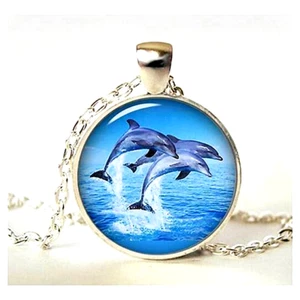 DOLPHIN NAUTICAL OCEAN Pendant Sterling 925 Silver plated 20" Necklace gold gift - Picture 1 of 8