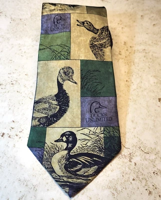 NWT Ducks Unlimited Tan Green Blue Mosaic Ducks Textured Silk Pointed Tie USA - Image 1 of 4