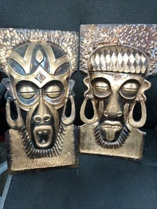 16" KUPFER TIKI Bar Vintage Stammeskunst Metallmaske Hawaii Afrikanische Garten Statue Zwei - Bild 1 von 4
