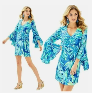 Lily Pulitzer Rosalia Beckon Blue Palm Passage Dress Flatterärmel Mod Retro 00 - Bild 1 von 11